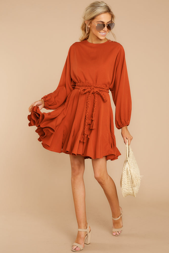 Stylish Orange Belted Dress - Long ...